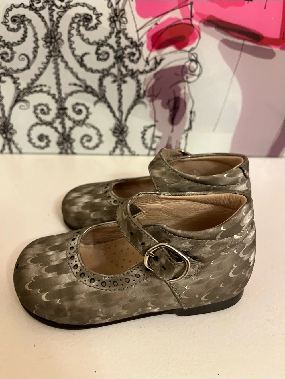 Mary Jane Shoes - Metallic Feather-Print Leather, Toddler EU 22 (US Toddler 6)